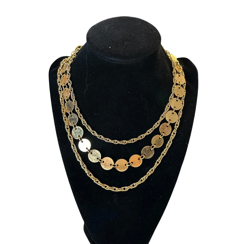 Vintage Gold Tone‎ Multi Strand Disc Rope Chain Layered Statement Necklace